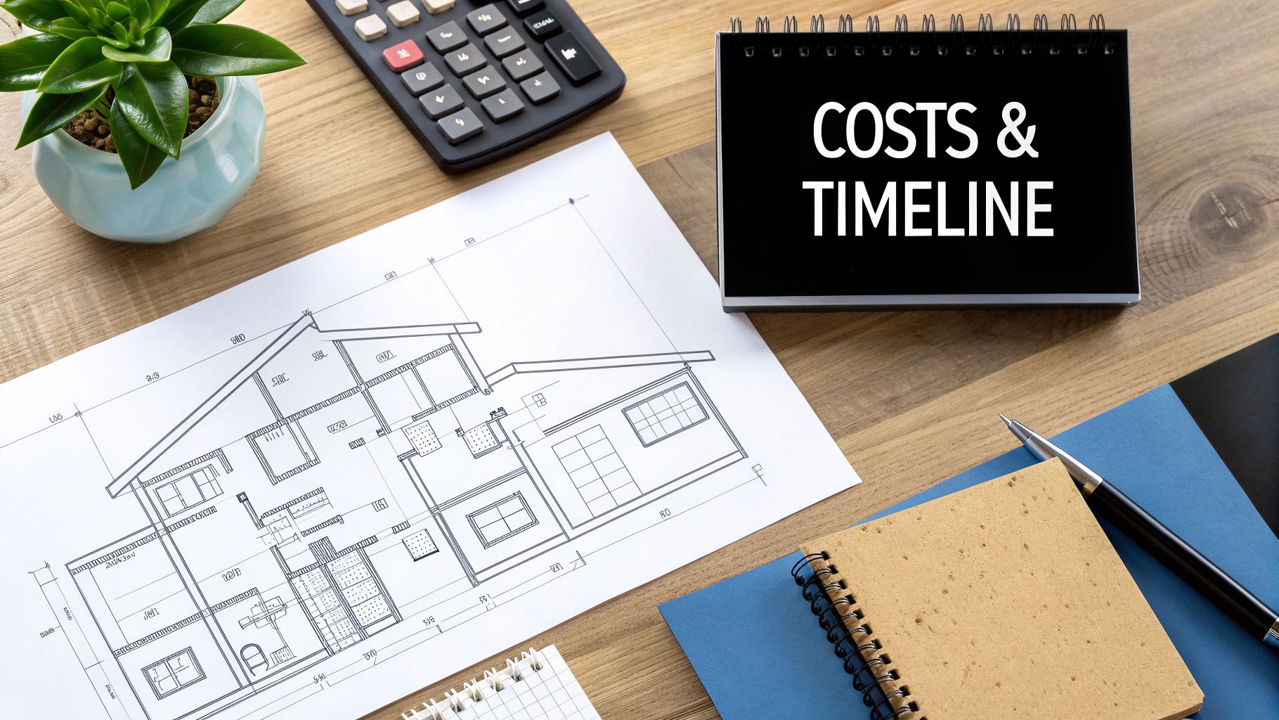 Your Guide to Building a 2 Story Garage in PA MD DE and NJ 4 Overhead view of architectural house plans, calculator, plant, and 'COSTS & TIMELINE' notebook on a wooden desk.