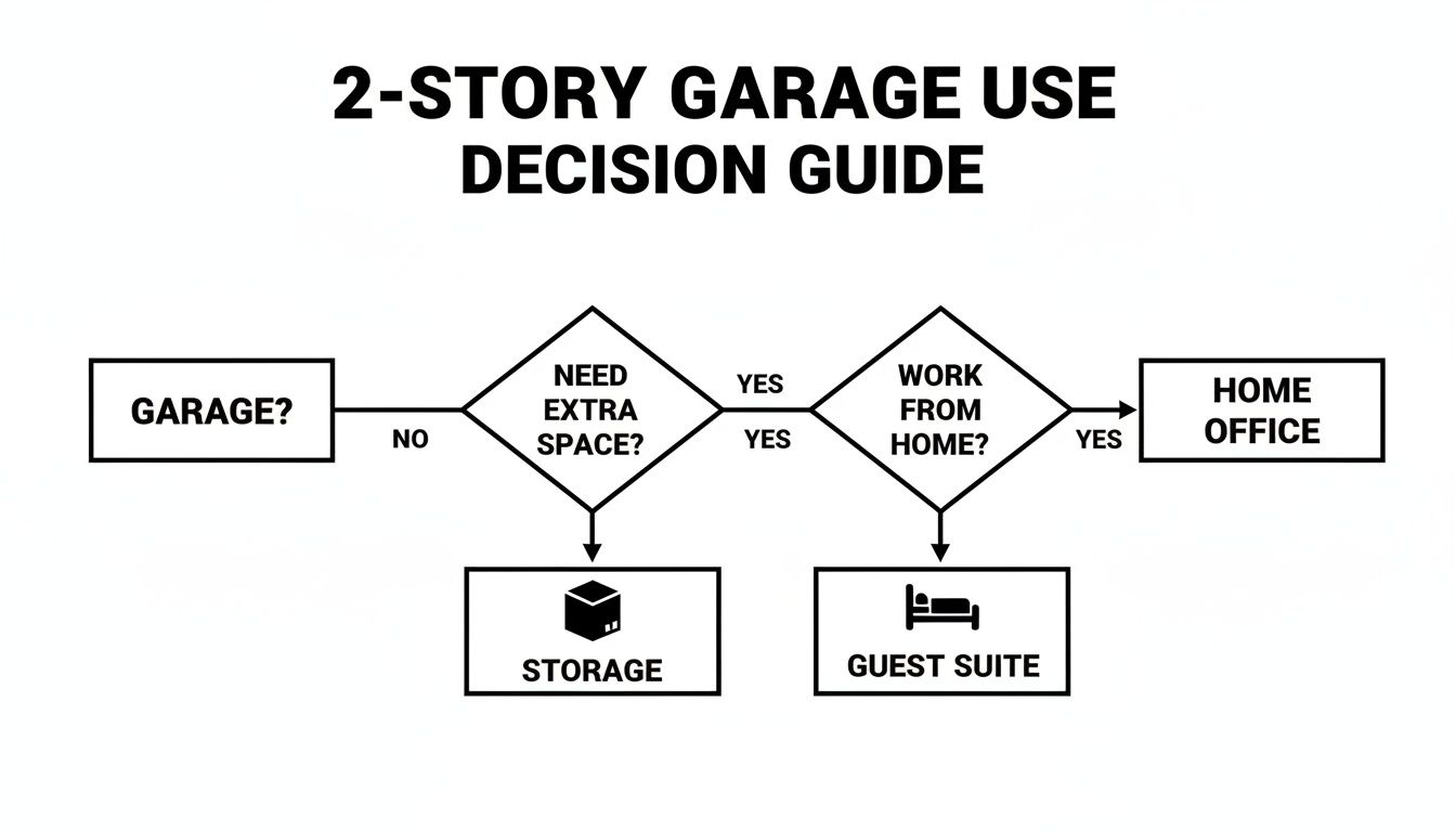 Your Guide to Building a 2 Story Garage in PA MD DE and NJ 2 A flowchart guiding the decision for using a 2-story garage as storage, a guest suite, or a home office.