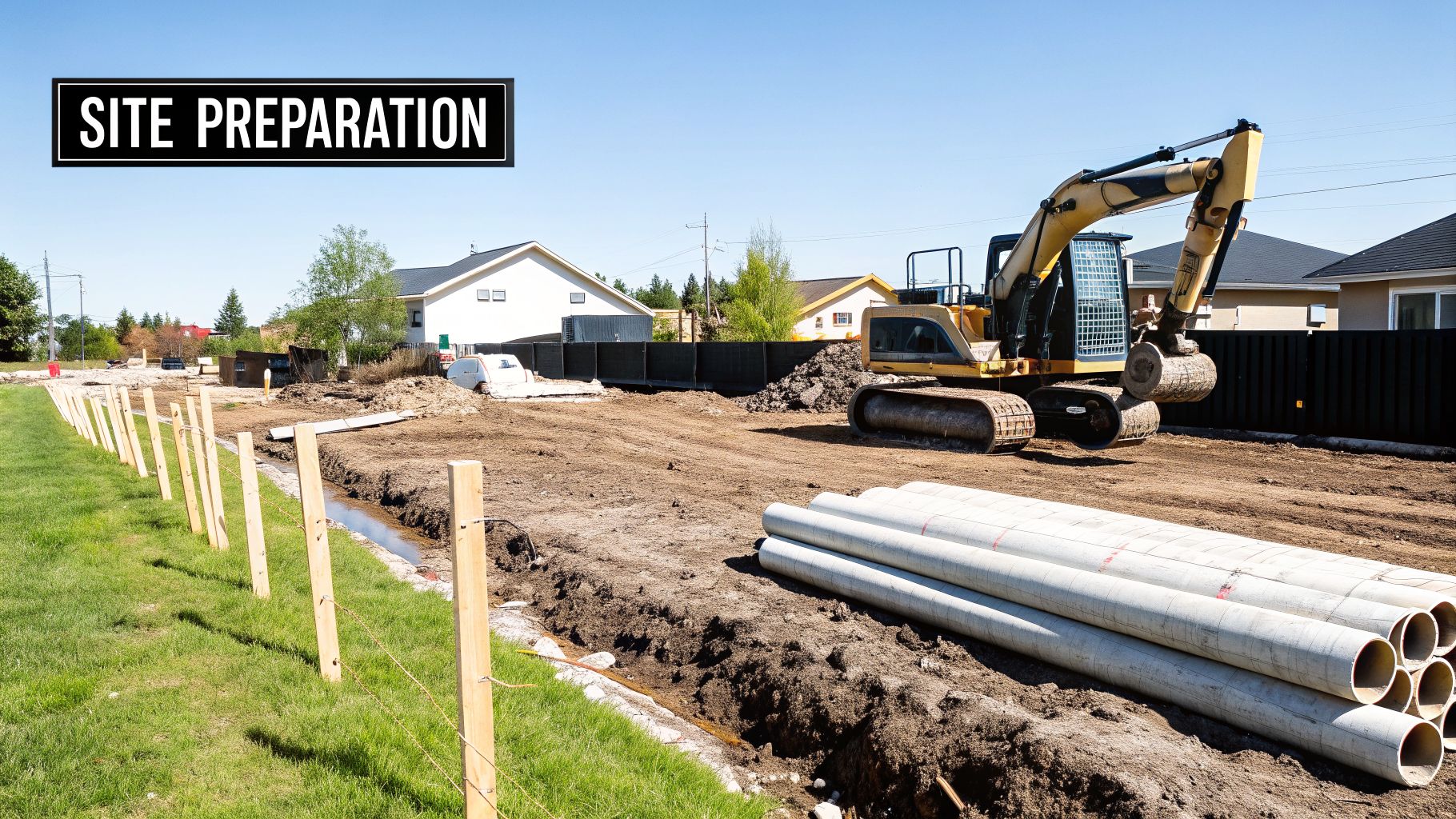 Your Guide to Building a 2 Story Garage in PA MD DE and NJ 3 Construction site with an excavator, trench, pipes, and marked area for site preparation.