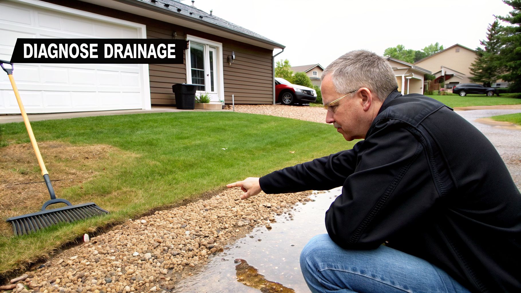 A man diagnoses a drainage issue with water flowing over a gravel edge next to a lawn.