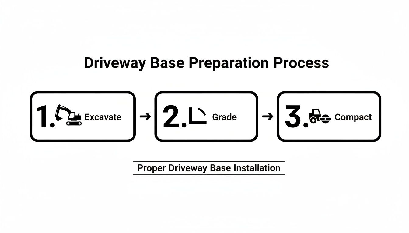 Flowchart illustrating three steps for driveway base preparation: excavate, grade, and compact, with construction vehicle icons.