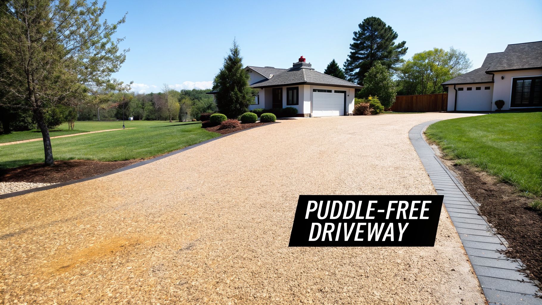 A long, light-colored gravel driveway with a paver border leads to a modern house, surrounded by green lawns.