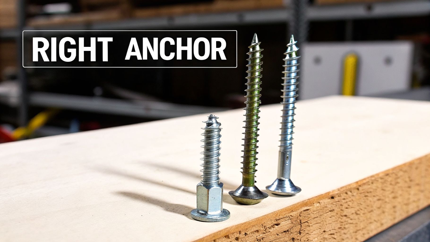 Shed Foundation & Anchoring Services in Lancaster, PA 3 Three metal screws and an anchor demonstrating the 'right anchor' on a piece of wood.
