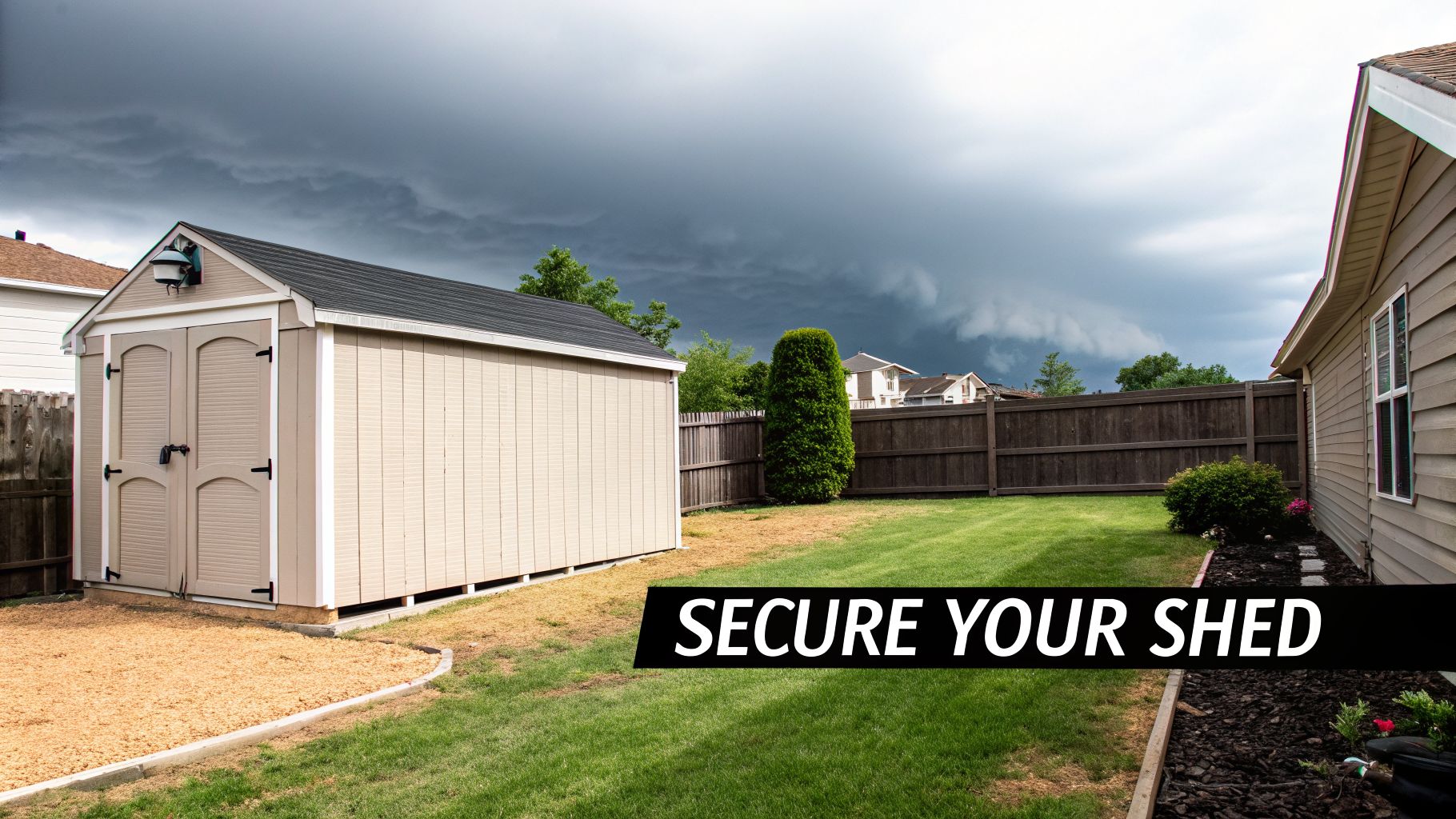 Shed Foundation & Anchoring Services in Lancaster, PA 2 A backyard shed under a dark, stormy sky, with a fence and house. Text: 'SECURE YOUR SHED'.