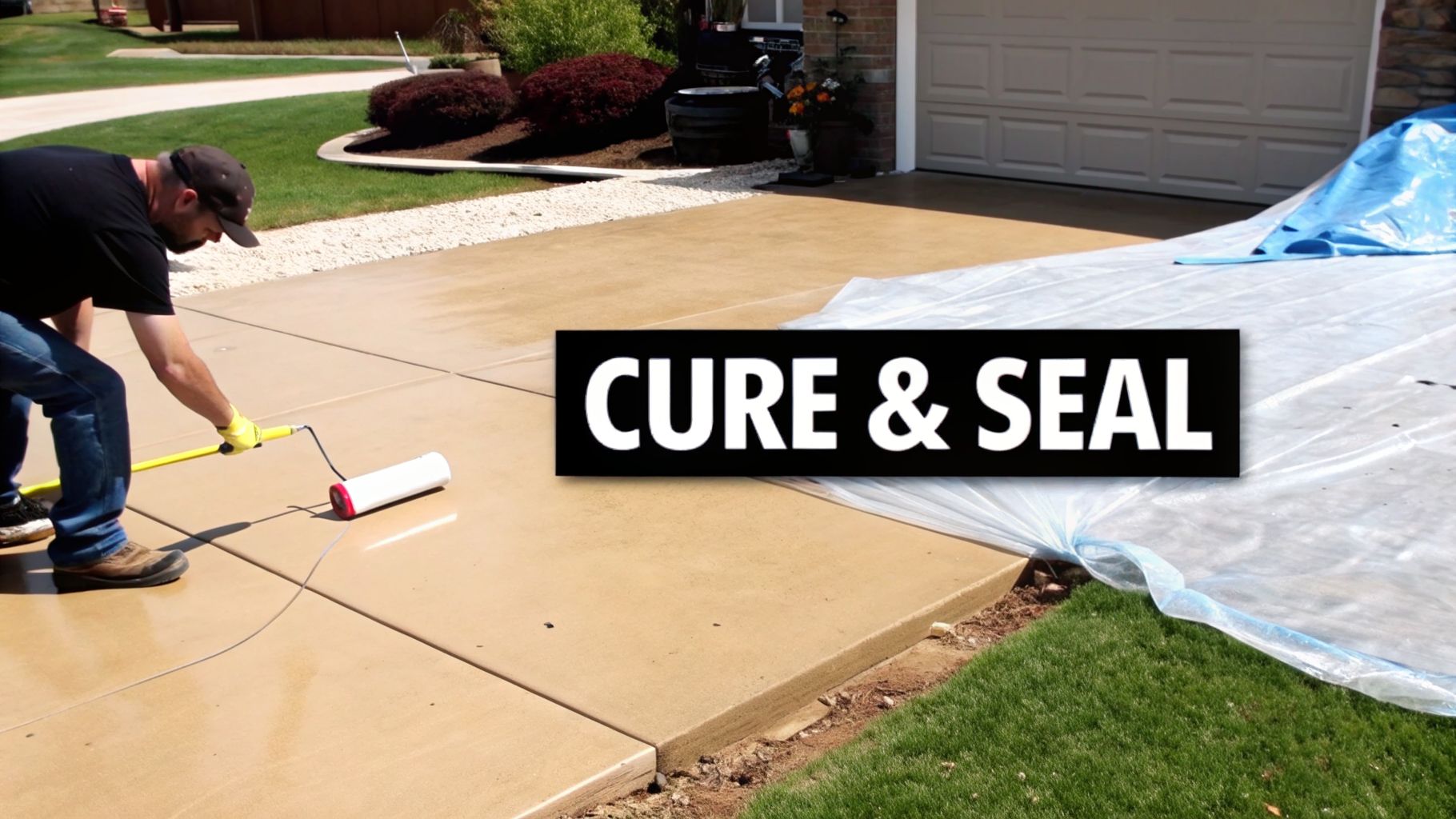 Concrete Foundation Contractors in Honey Brook, PA 4 A man applies a cure and seal coating to a tan concrete driveway using a roller.