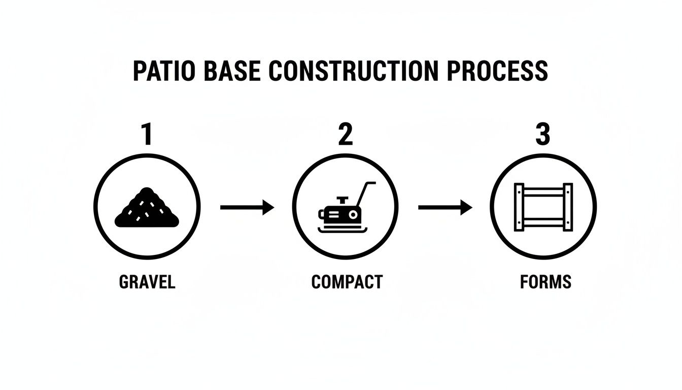 Concrete Foundation Contractors in Honey Brook, PA 3 Diagram illustrating three steps for patio base construction: gravel, compacting, and setting forms.