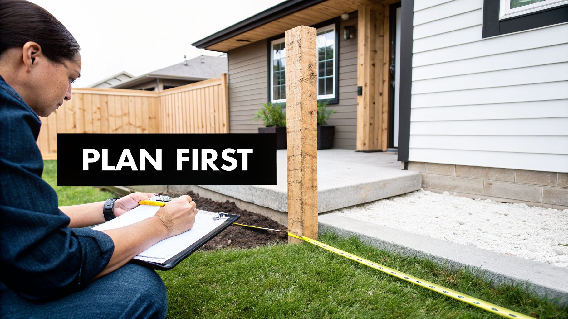Concrete Foundation Contractors in Honey Brook, PA 2 A person measures a wooden post in a yard next to a concrete patio, emphasizing planning.
