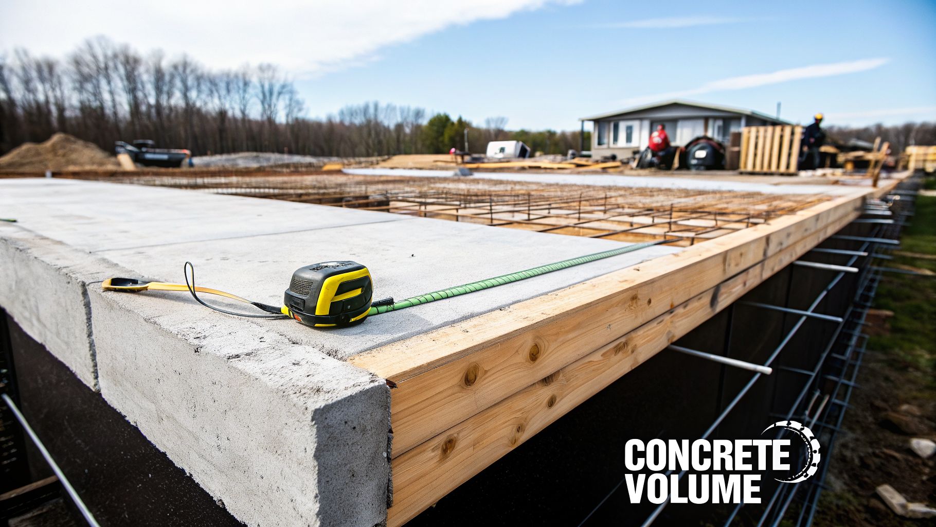 Shed Foundations Near Me: Your 2026 Guide to a Perfect Build 4 Construction site with a concrete foundation, rebar, and wooden forms, featuring a measuring tape.