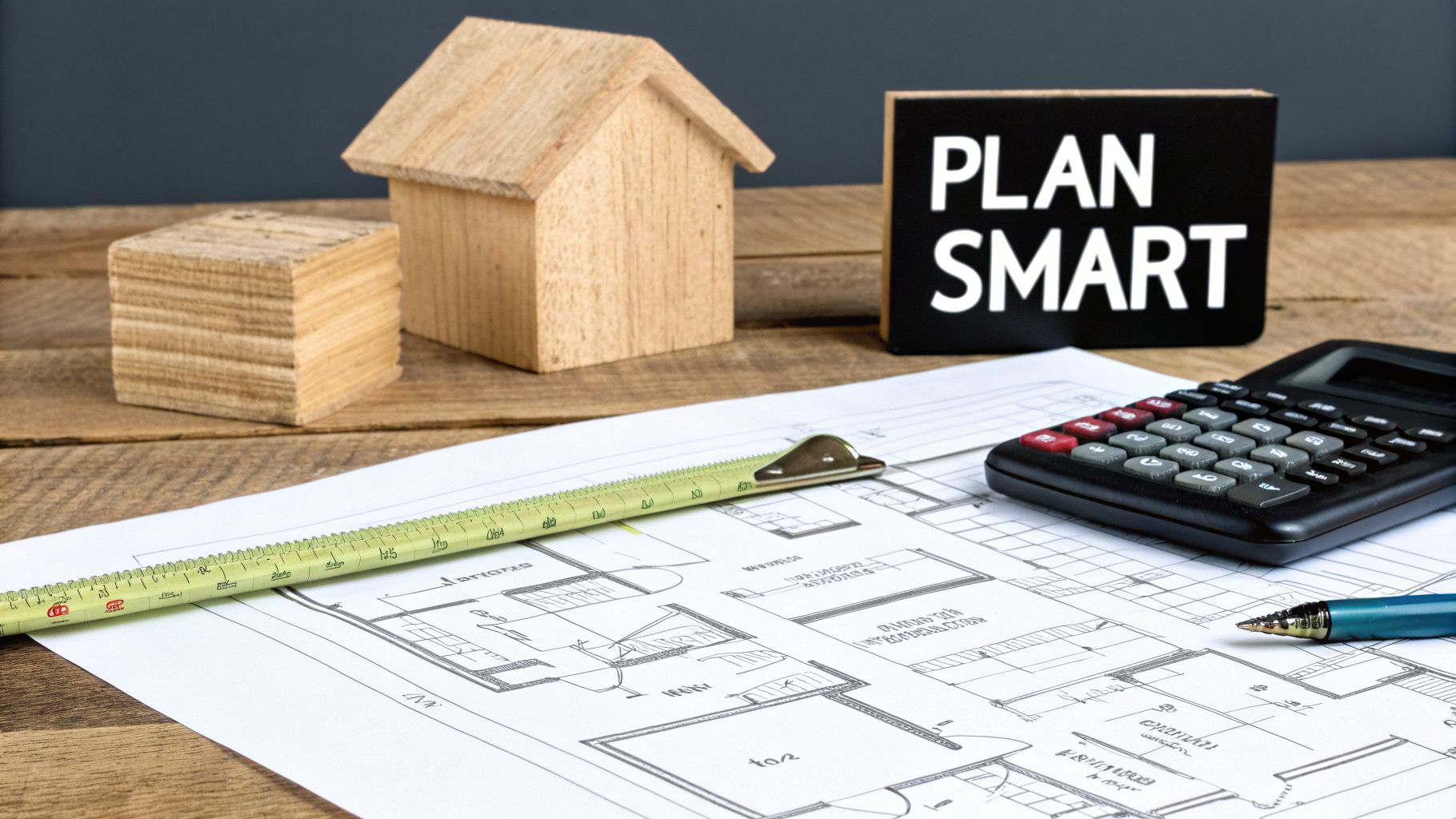 Shed Foundations Near Me: Your 2026 Guide to a Perfect Build 2 Architectural blueprints with a calculator, pen, tape measure, wooden house model, and 'PLAN SMART' sign.
