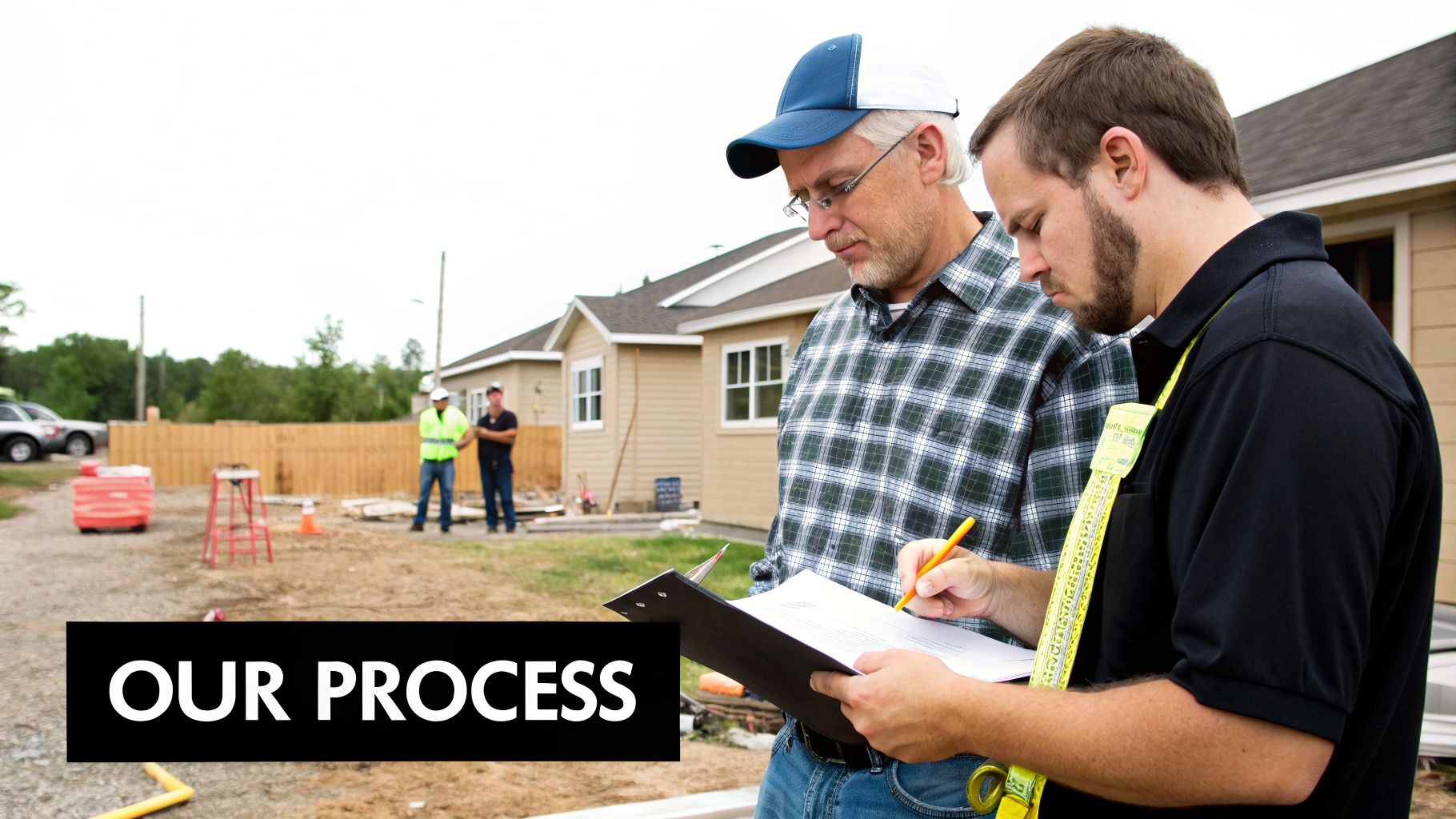 Shed Foundations in Honey Brook, PA: Your Guide to a Flawless Storage Shed Build 4 Two construction professionals review documents on a clipboard at a building site.