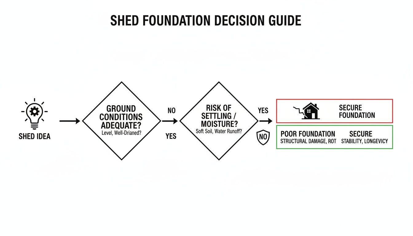 Shed Foundations in Honey Brook, PA: Your Guide to a Flawless Storage Shed Build 2 Flowchart illustrating shed foundation decisions based on ground conditions, settling, and moisture risks.