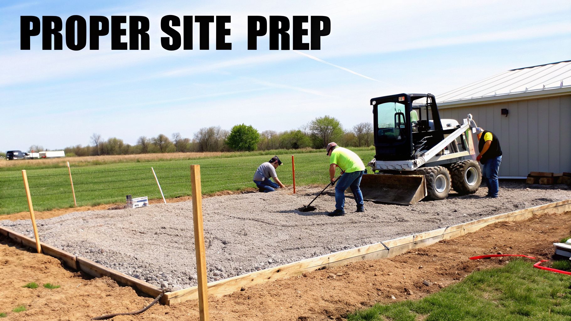 Shed Foundations in Honey Brook, PA: Your Guide to a Flawless Storage Shed Build 3 Three workers leveling a gravel base for a new structure, with a skid steer loader nearby.