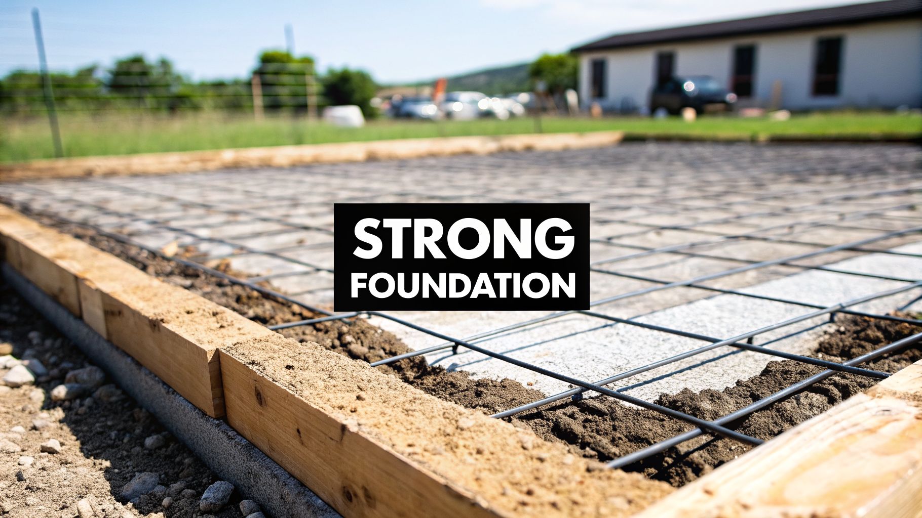 Your 2026 Guide to Two Car Garage Size in PA 4 A concrete slab under construction for a foundation, showing rebar grid, wooden forms, and a text overlay “STRONG FOUNDATION.”