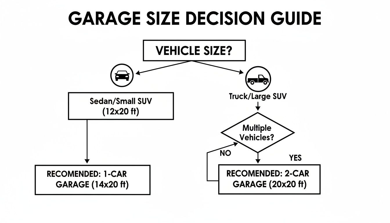 Your 2026 Guide to Two Car Garage Size in PA 3 Flowchart guiding garage size decisions based on vehicle type (sedan, SUV, truck) and number of vehicles.