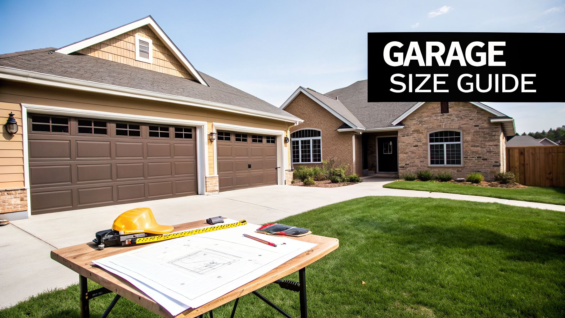 Your 2026 Guide to Two Car Garage Size in PA 2 A house with a two-car garage and blueprints on a table, next to a "Garage Size Guide" banner.
