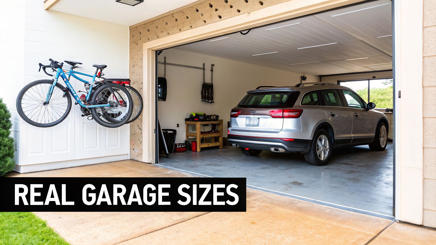 Your 2026 Guide to Two Car Garage Size in PA 5 A two-car garage features a silver SUV parked inside, with two bicycles mounted on the exterior wall. The image emphasizes real garage sizes.