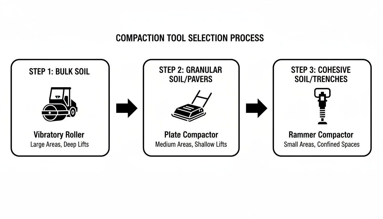Shed & Garage Foundations in Pennsylvania: The Importance of Soil Compaction 4 A diagram illustrating the soil compaction tool selection process for different soil types.