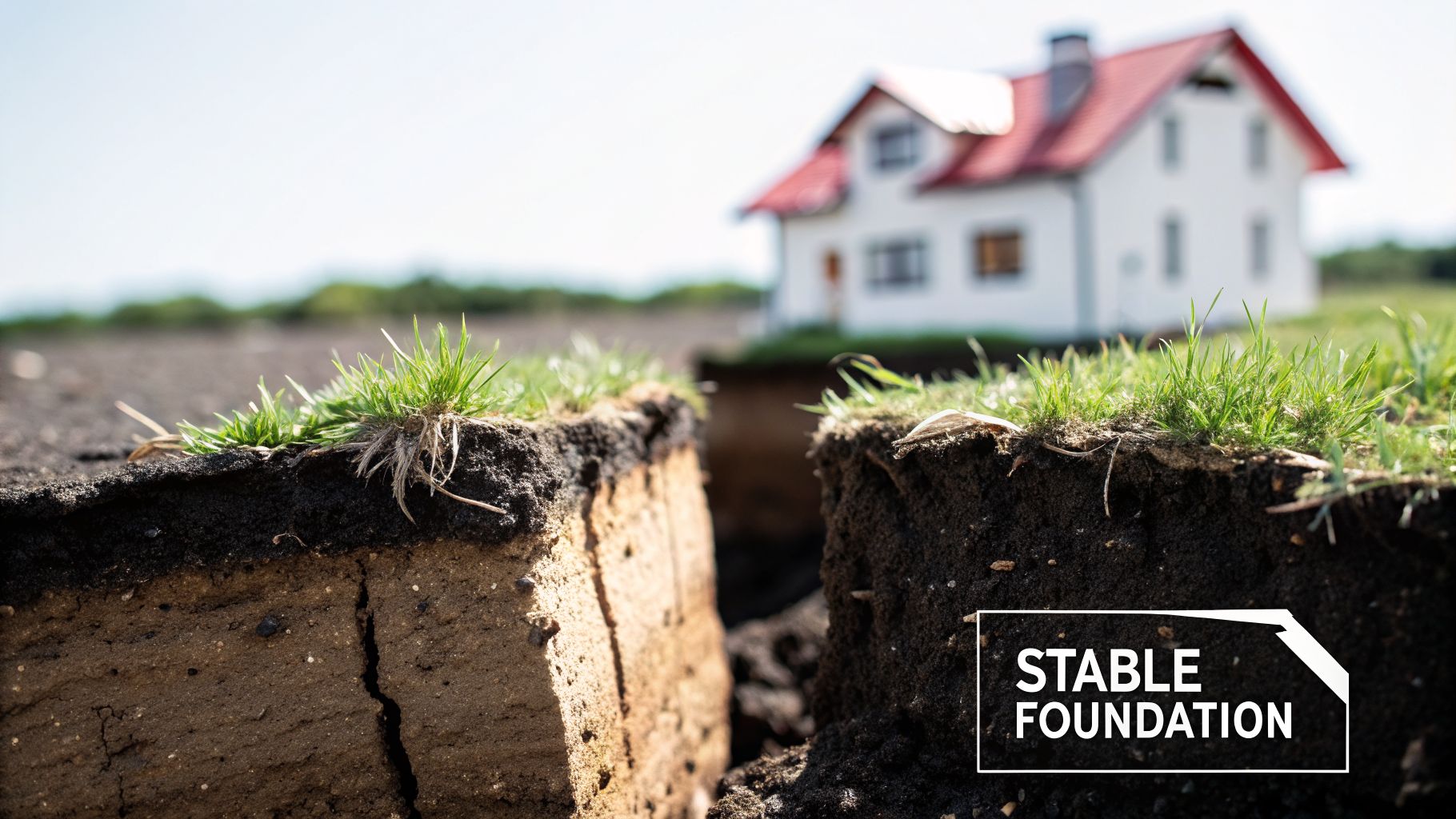 Shed & Garage Foundations in Pennsylvania: The Importance of Soil Compaction 2 A deep crack in the earth with green grass and a house in the background, highlighting an unstable foundation.