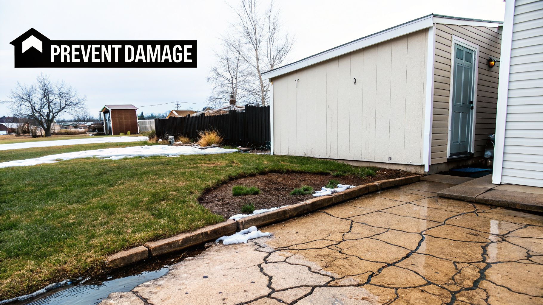 Shed & Garage Foundations in Pennsylvania: The Importance of Soil Compaction 3 Melting snow and pooling water on a cracked concrete driveway next to a building, highlighting water damage.