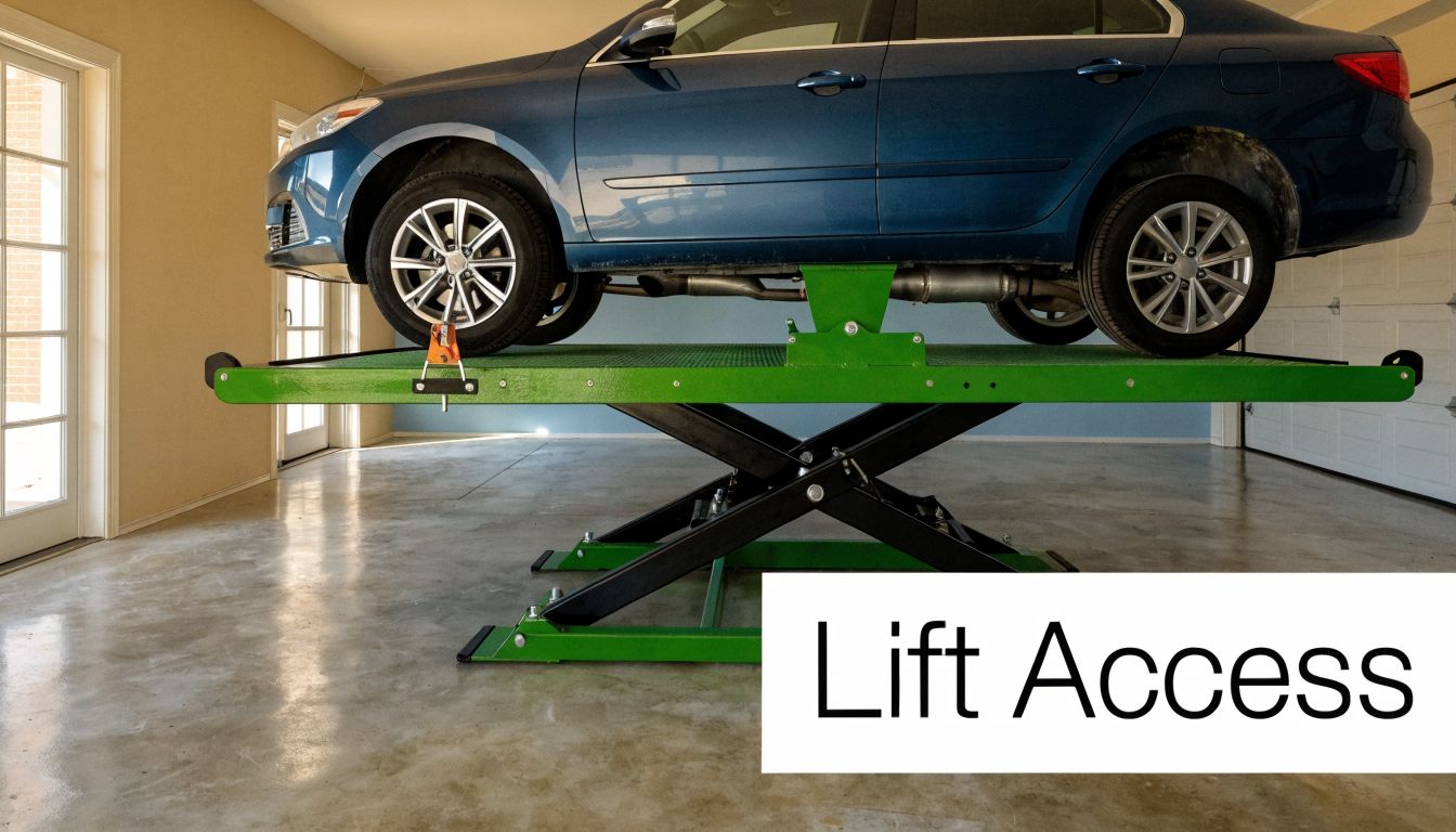 10 2 Car Garage Ideas for PA, MD, DE & NJ Homes 3 A blue sedan is elevated on a green scissor car lift inside a spacious residential garage.