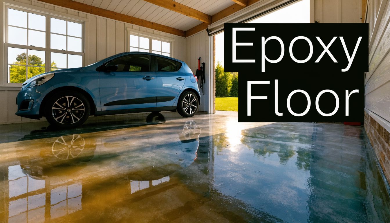 10 2 Car Garage Ideas for PA, MD, DE & NJ Homes 2 A blue car parked inside a modern residential garage with a shiny, reflective epoxy floor coating.