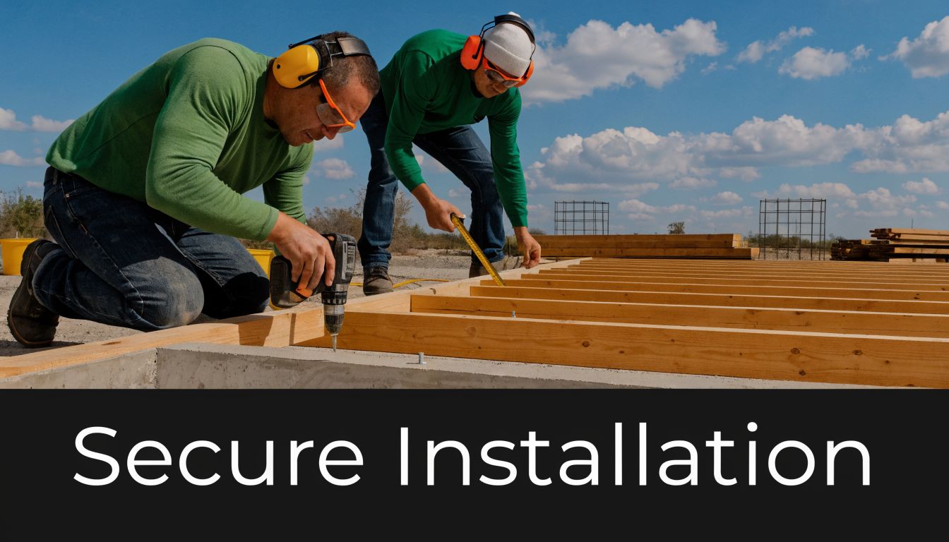 2x12 Floor Joist: Spans, Loads & Installation 4 Two construction workers kneeling on a job site while installing wooden joists onto a concrete foundation.