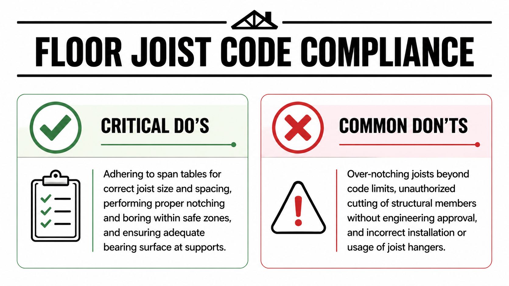2x12 Floor Joist: Spans, Loads & Installation 3 An infographic detailing critical dos and common donts for structural floor joist code compliance.