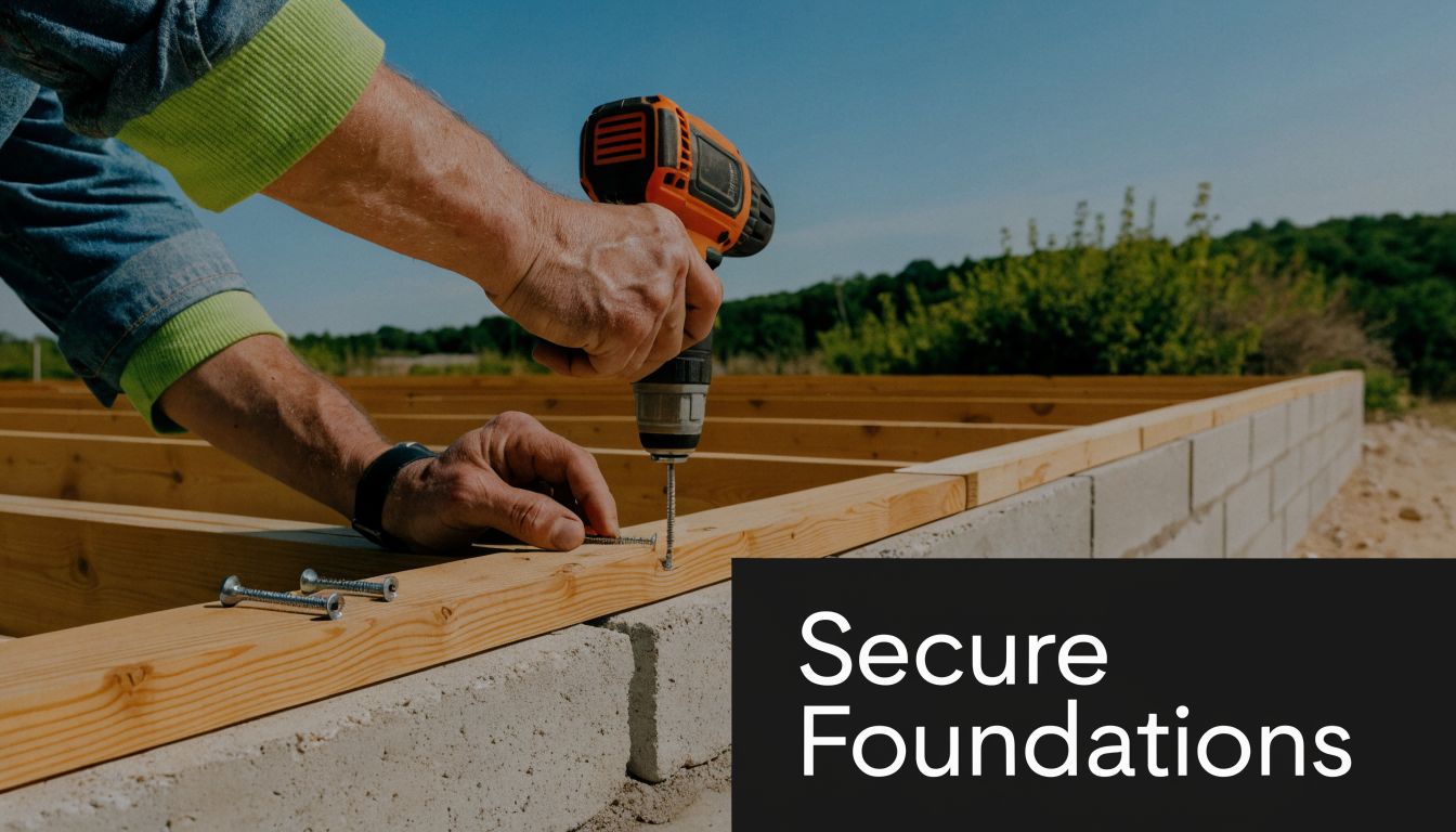 2x4 Floor Joist Spans & Uses for Sheds in PA & NJ 4 A construction worker uses a power drill to fasten wooden joists to a concrete foundation.