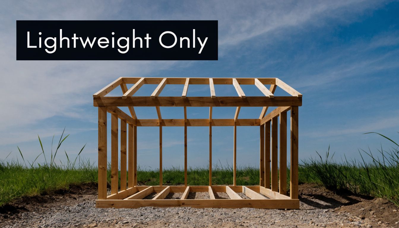 2x4 Floor Joist Spans & Uses for Sheds in PA & NJ 3 A wooden shed frame standing on a gravel base under a bright blue sky.