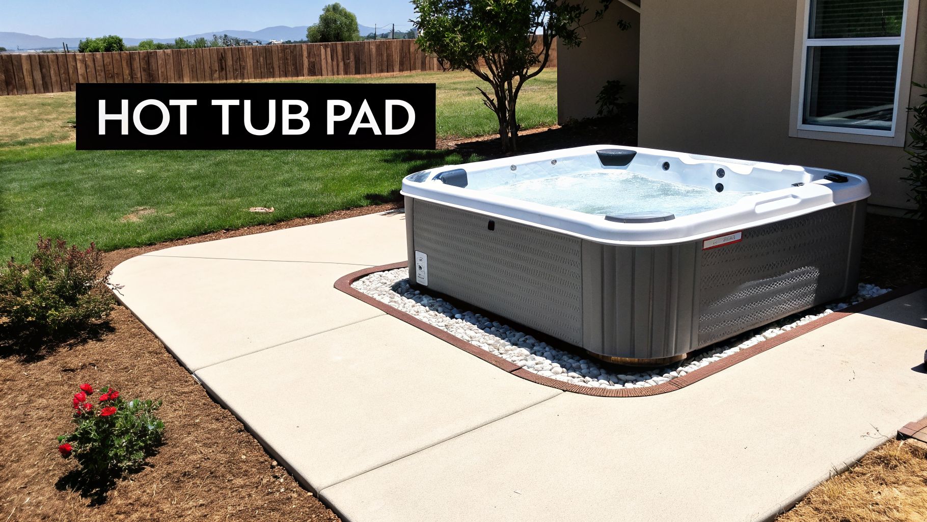 Shed Foundations Near Me in Honey Brook, PA: 2026 Guide to Concrete Slabs 2 A modern gray hot tub with bubbling water sits on a concrete pad in a sunny backyard.