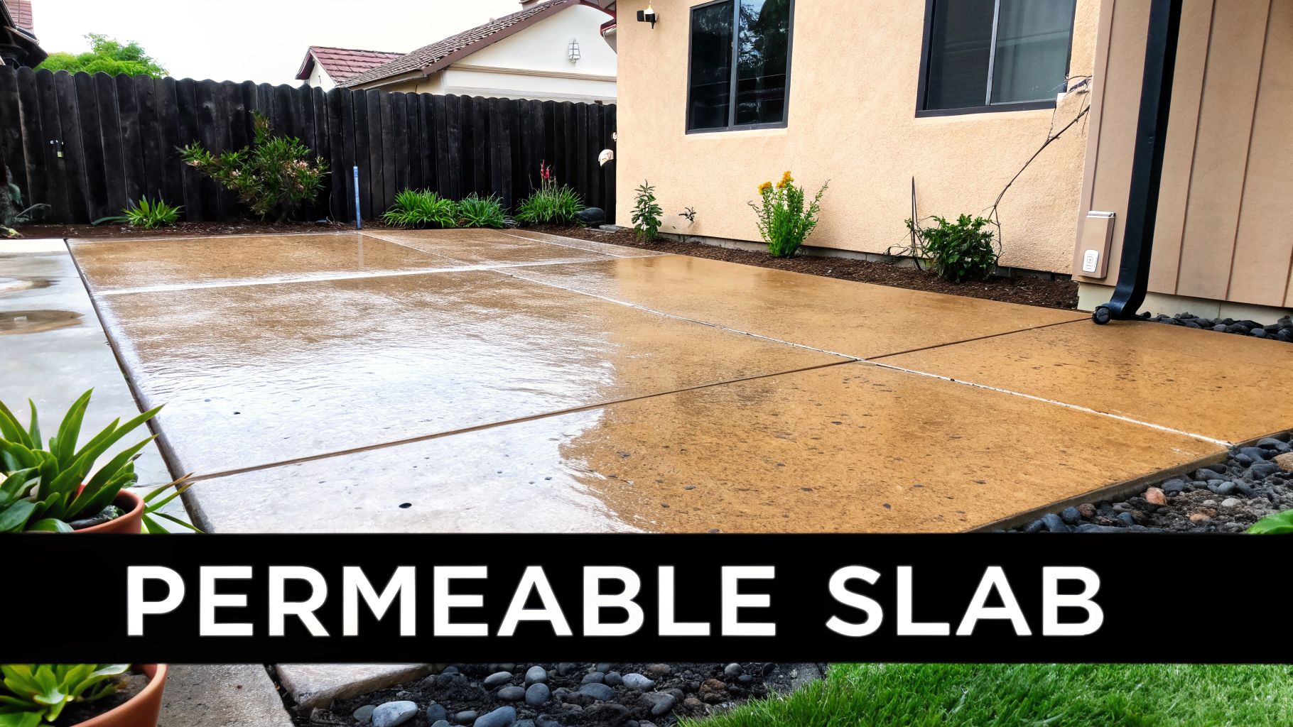 Shed Foundations Near Me in Honey Brook, PA: 2026 Guide to Concrete Slabs 3 A wet permeable concrete slab patio with large square sections next to a house and garden.