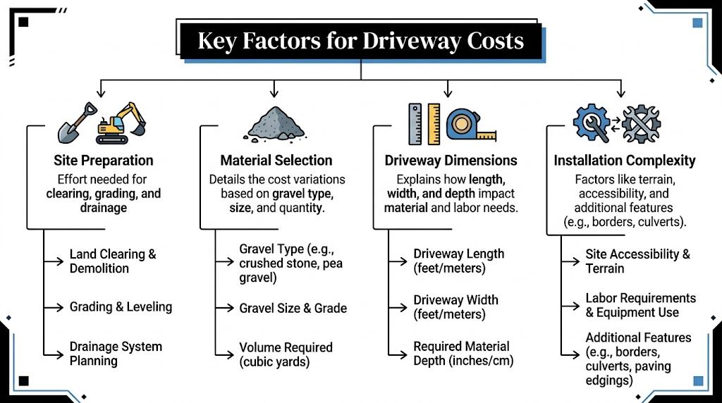 Building a Gravel Driveway Cost: Building a Gravel Driveway 2 A flowchart infographic displaying four key factors influencing the total cost of building a gravel driveway.