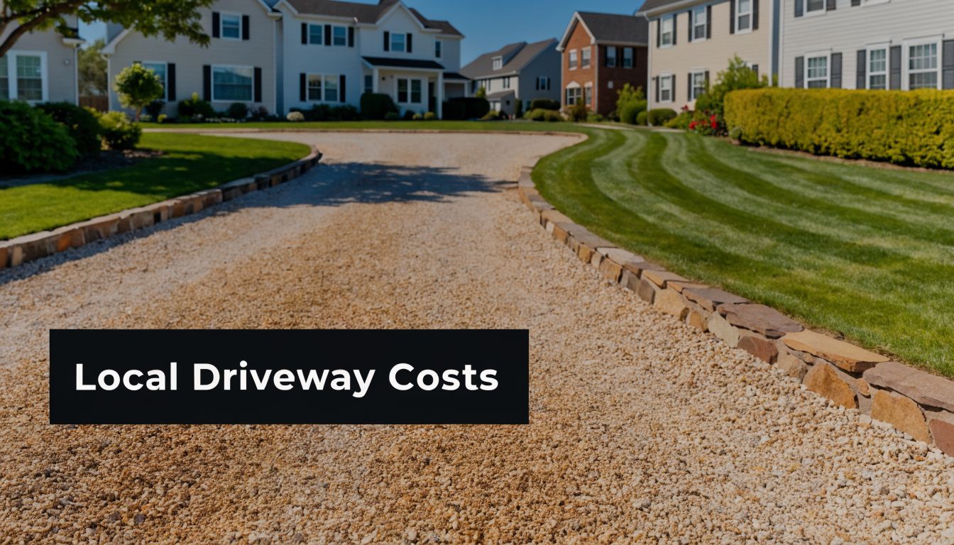 Building a Gravel Driveway Cost: Building a Gravel Driveway 4 A gravel driveway winding between suburban houses with green lawns and a stone edge border.