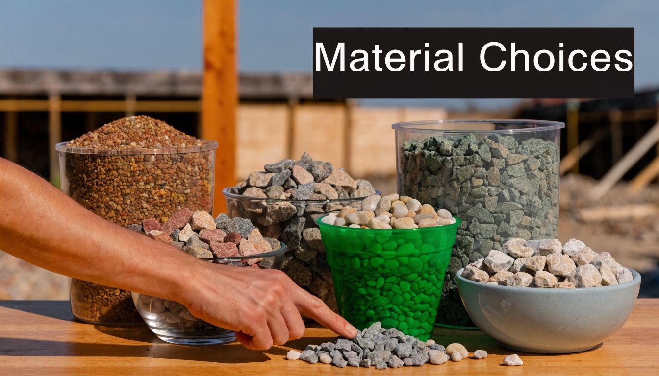 Building a Gravel Driveway Cost: Building a Gravel Driveway 3 A hand pointing at small grey gravel stones on a table with various types of landscaping aggregate containers.