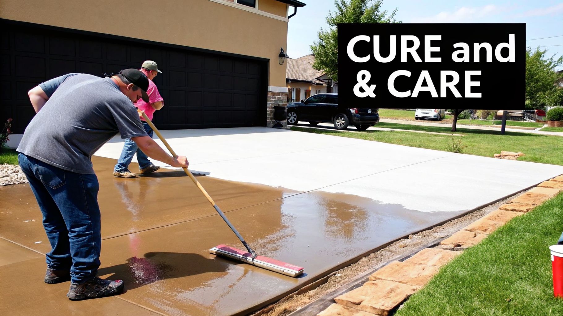 Expert Shed Foundation Contractors in Pennsylvania, MD, DE & NJ 4 Two men applying a curing compound to a newly poured concrete driveway with a long-handled brush.