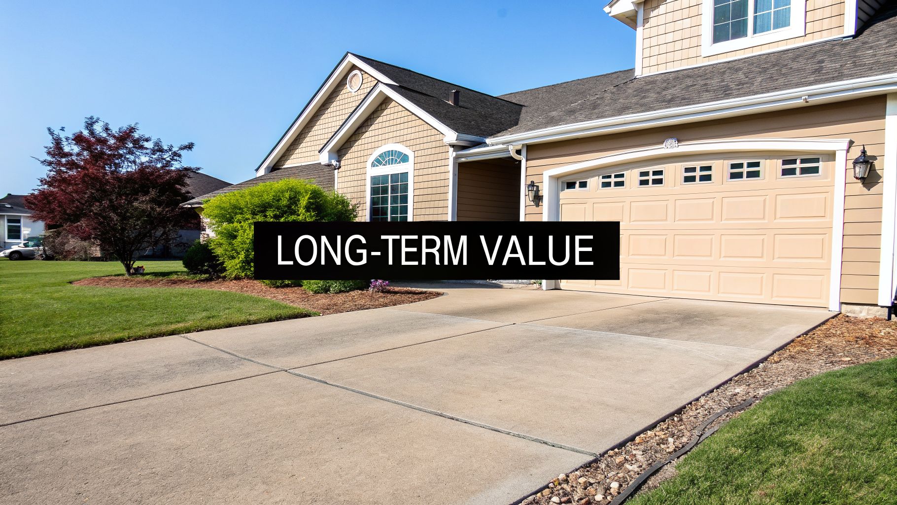 Expert Shed Foundation Contractors in Pennsylvania, MD, DE & NJ 2 Exterior view of a house featuring a wide concrete driveway, garage, and landscaped yard.