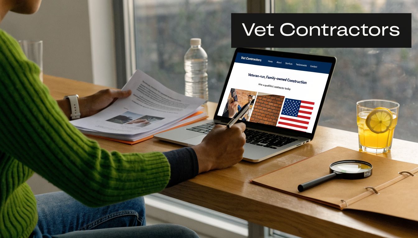 Concrete Foundation Contractors NJ: Your 2026 Guide 3 A person wearing a green sweater reviewing construction documents while working on a laptop at a desk.