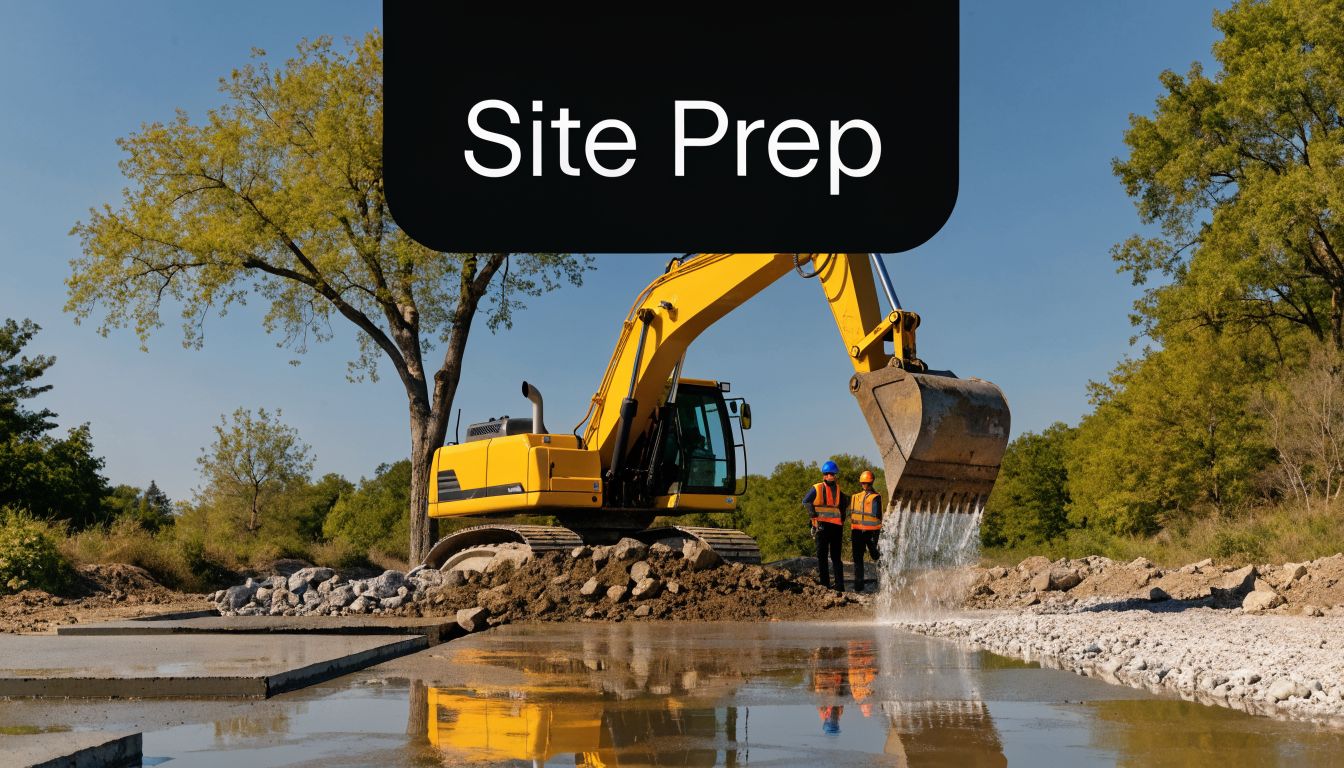 Concrete Foundation Contractors NJ: Your 2026 Guide 5 Excavator machinery working on a construction site with two workers and a concrete foundation in progress.
