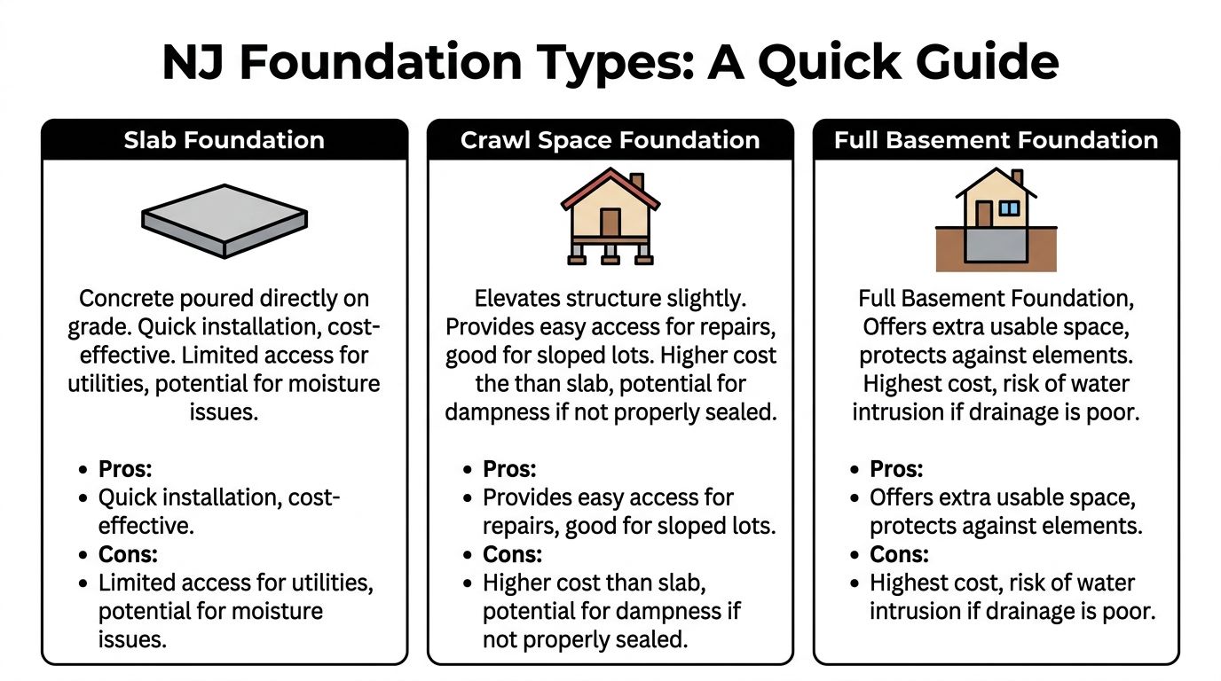 Concrete Foundation Contractors NJ: Your 2026 Guide 2 A comparison guide for New Jersey residential foundation types including slab, crawl space, and full basement foundations.