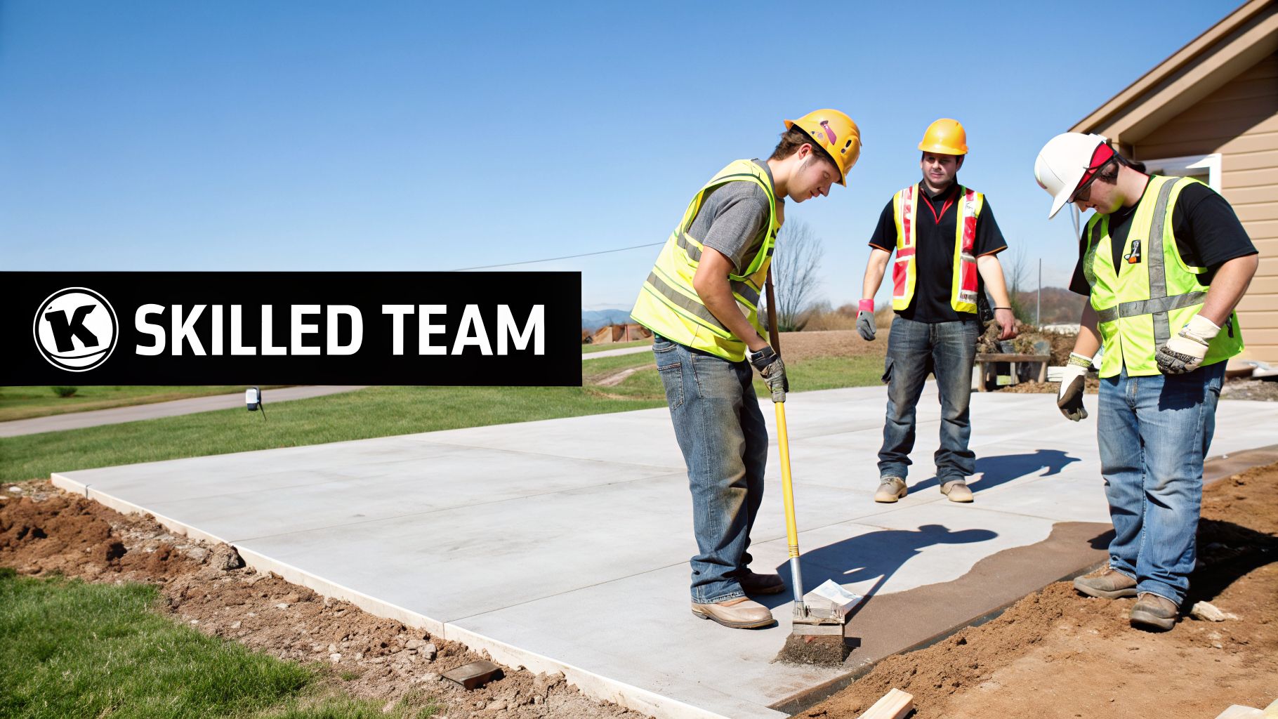 Top Concrete Patio Slab Contractors in PA & MD for Your 2026 Project 4 Three construction workers in safety vests and hard hats install a new concrete patio slab on a sunny day.