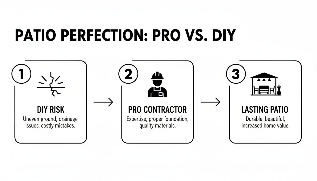 Top Concrete Patio Slab Contractors in PA & MD for Your 2026 Project 2 Infographic showing why a professional contractor ensures a lasting patio, avoiding DIY risks.