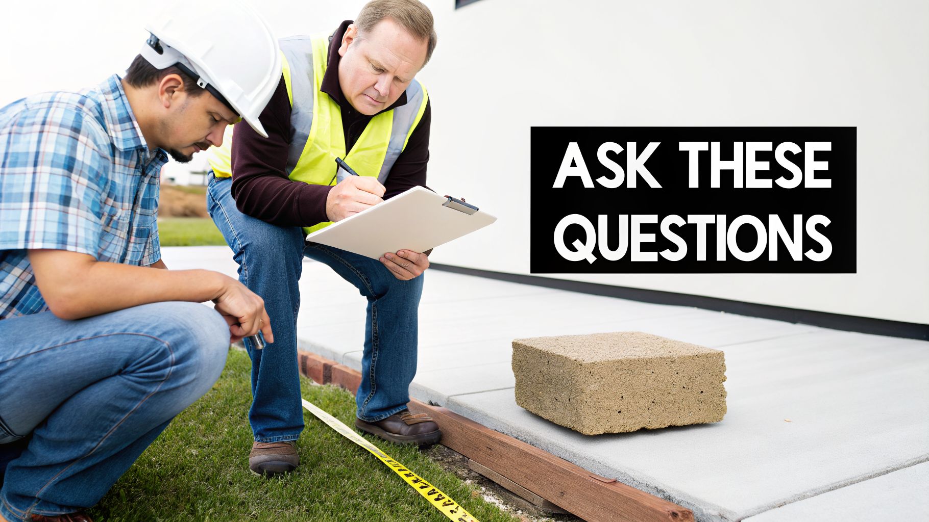 Top Concrete Patio Slab Contractors in PA & MD for Your 2026 Project 3 Two construction workers examining a concrete patio slab with a measuring tape and clipboard.