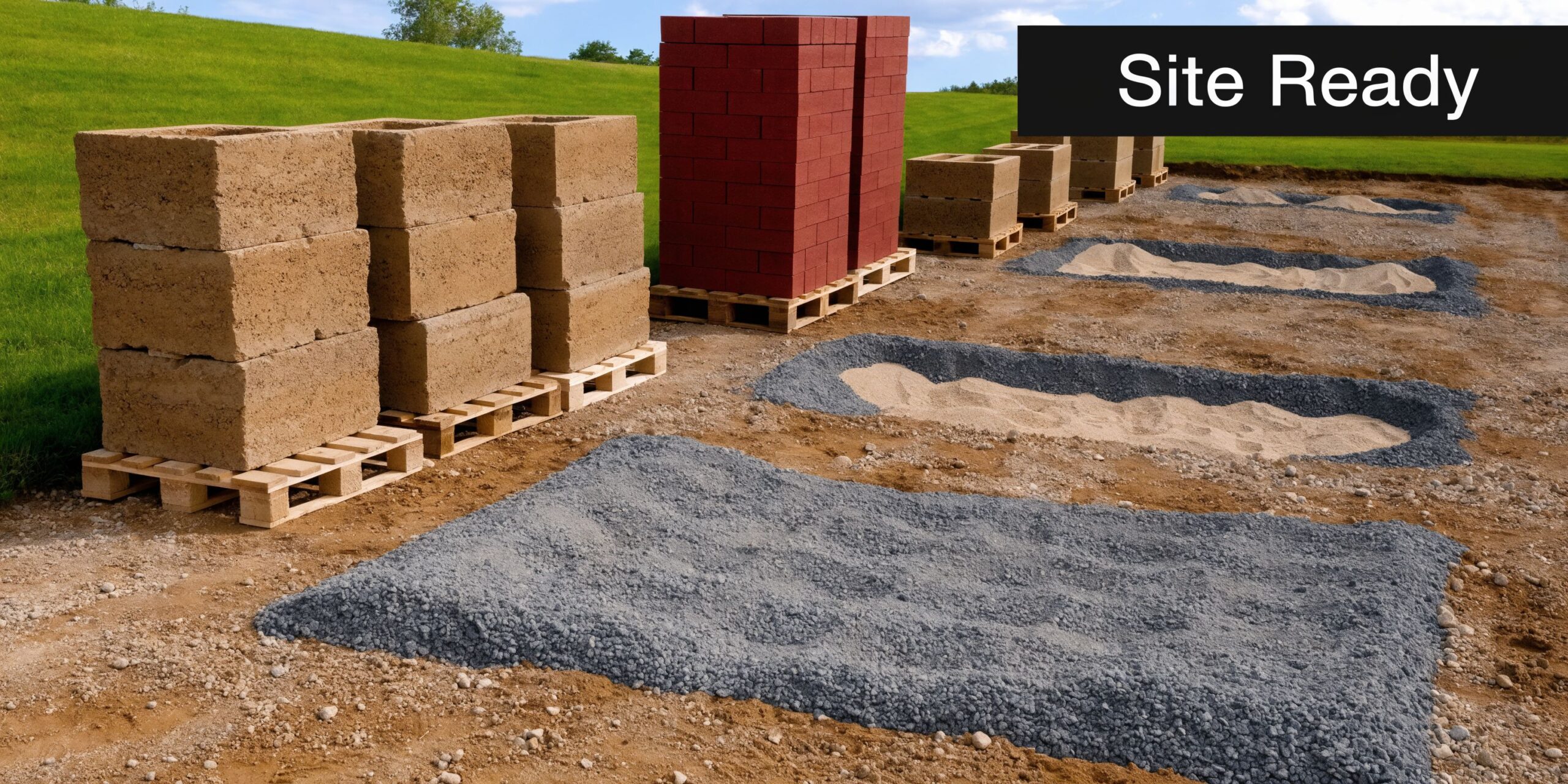 Horse Loafing Sheds: Expert Planning Guide 5 Construction materials including concrete blocks and red bricks on pallets arranged for building horse loafing sheds.