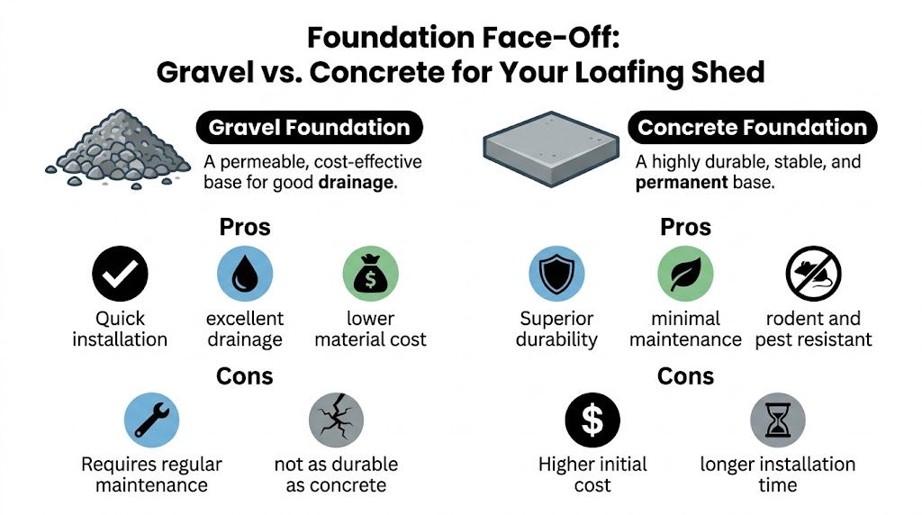 Horse Loafing Sheds: Expert Planning Guide 4 A comparison infographic detailing the pros and cons of using gravel versus concrete for horse loafing sheds.