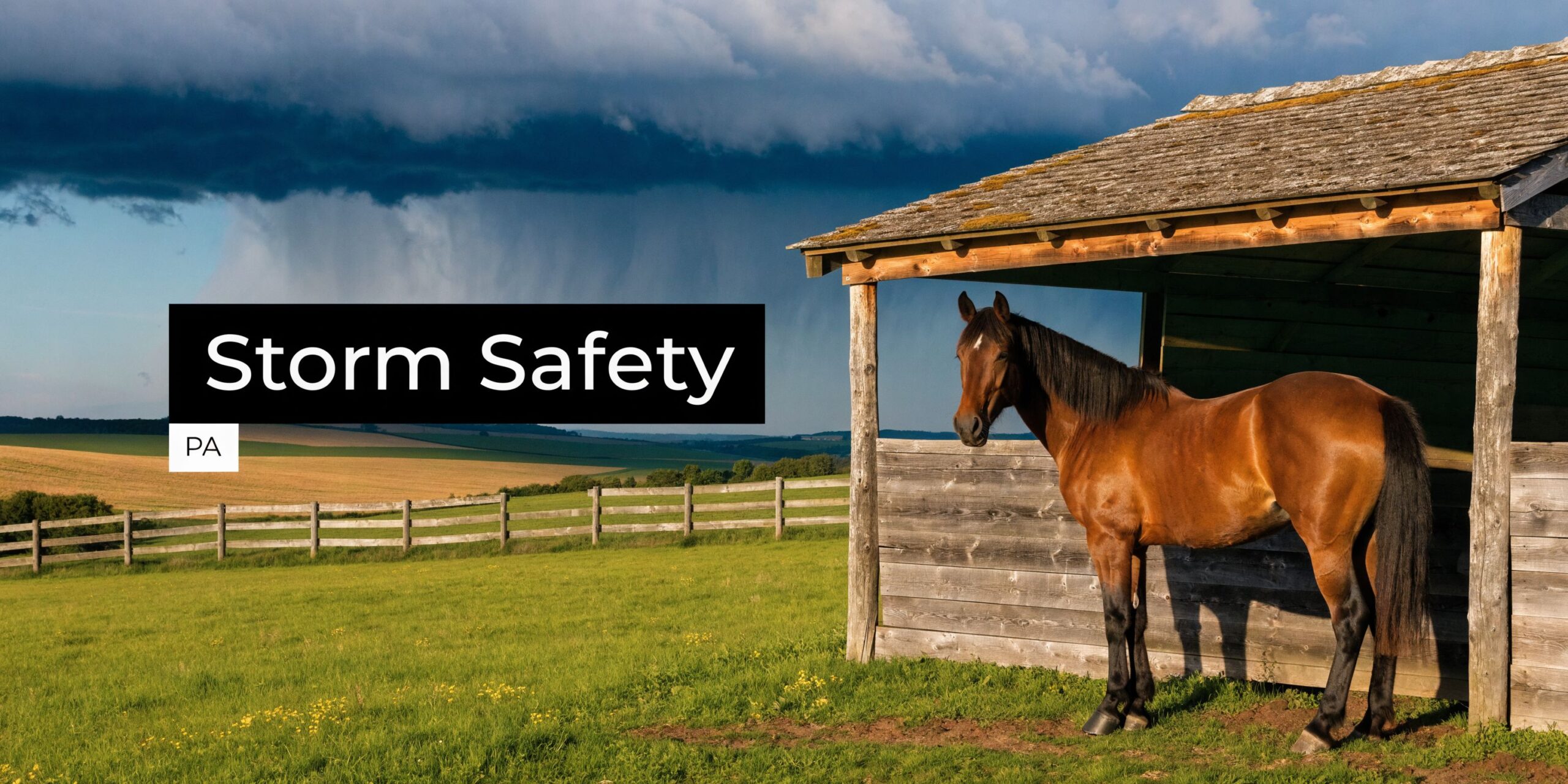 Horse Loafing Sheds: Expert Planning Guide 2 A brown horse standing in a wooden loafing shed during a dramatic summer storm with dark clouds.