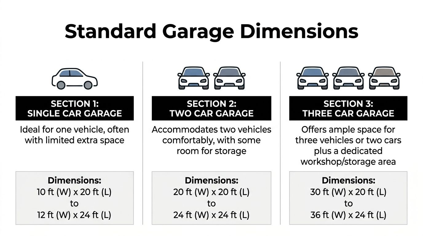 How Big Garage Should You Build? PA & MD Guide 1 A chart showing standard garage dimensions for one, two, and three car garage configurations in feet.