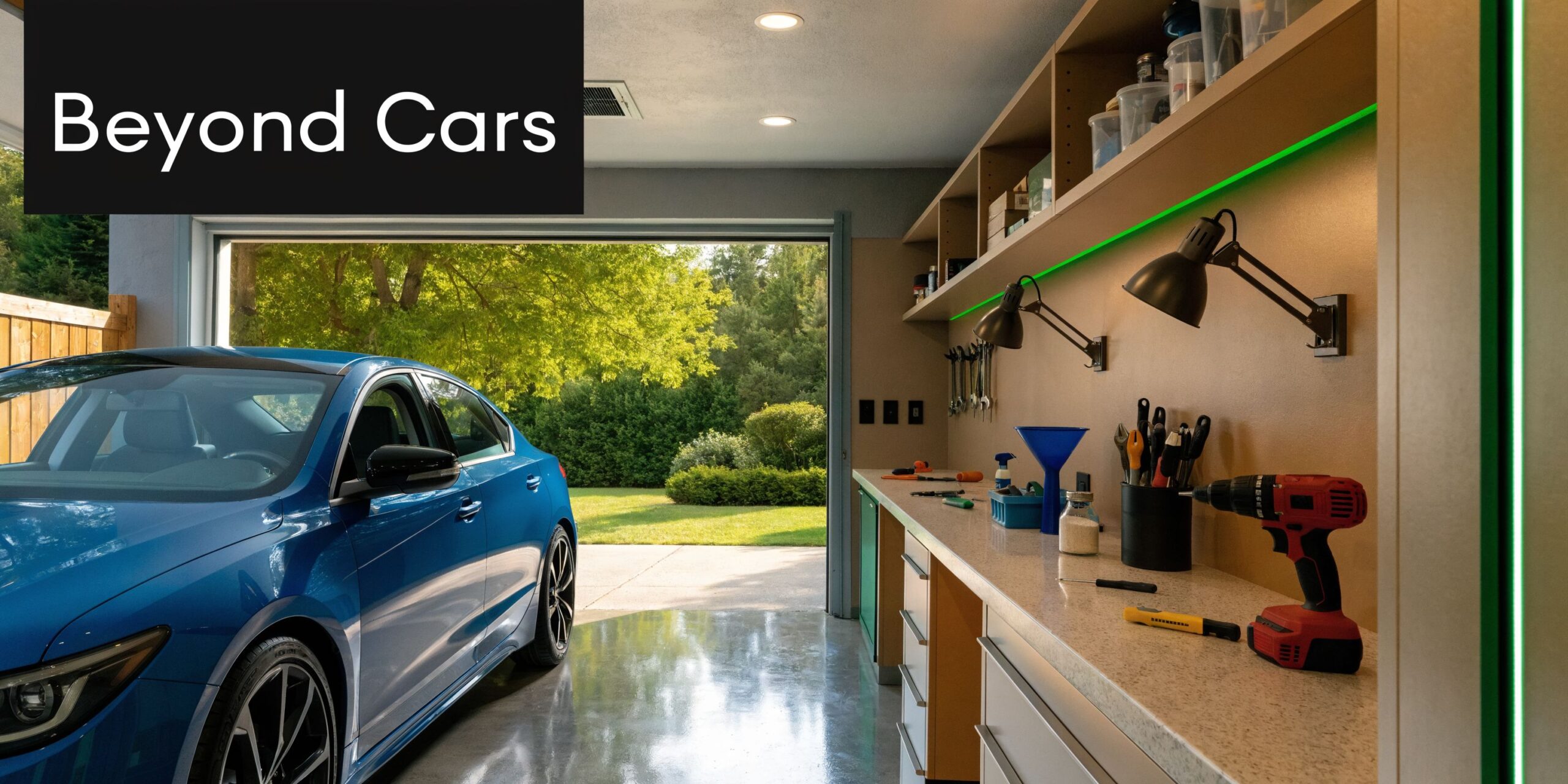 How Big Garage Should You Build? PA & MD Guide 2 A modern, organized garage workshop features a blue car parked beside a clean workbench with various tools.