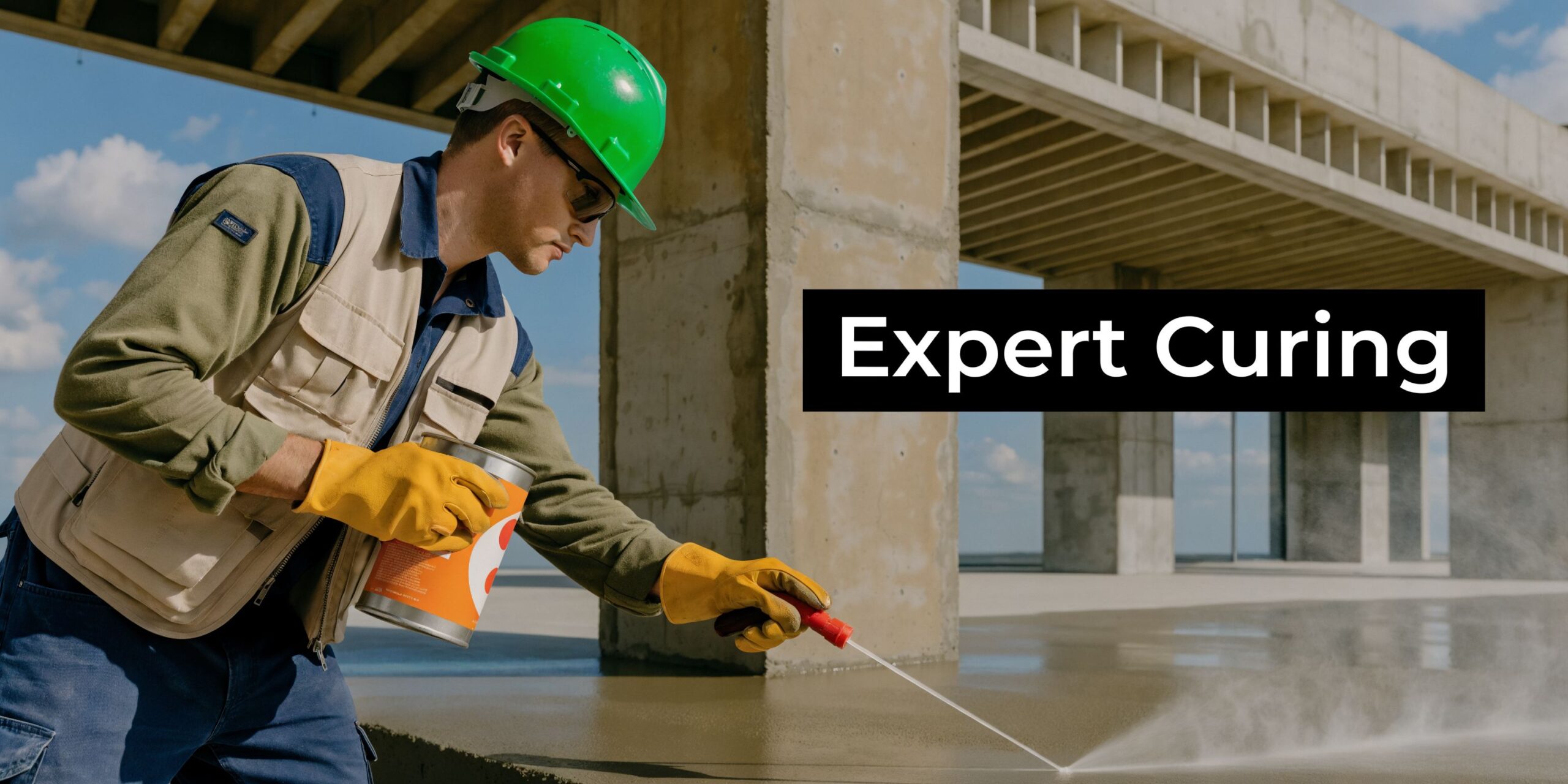How Long Does a Concrete Slab Take to Cure? 4 A construction worker in a hard hat applies a curing compound to a freshly poured concrete slab.