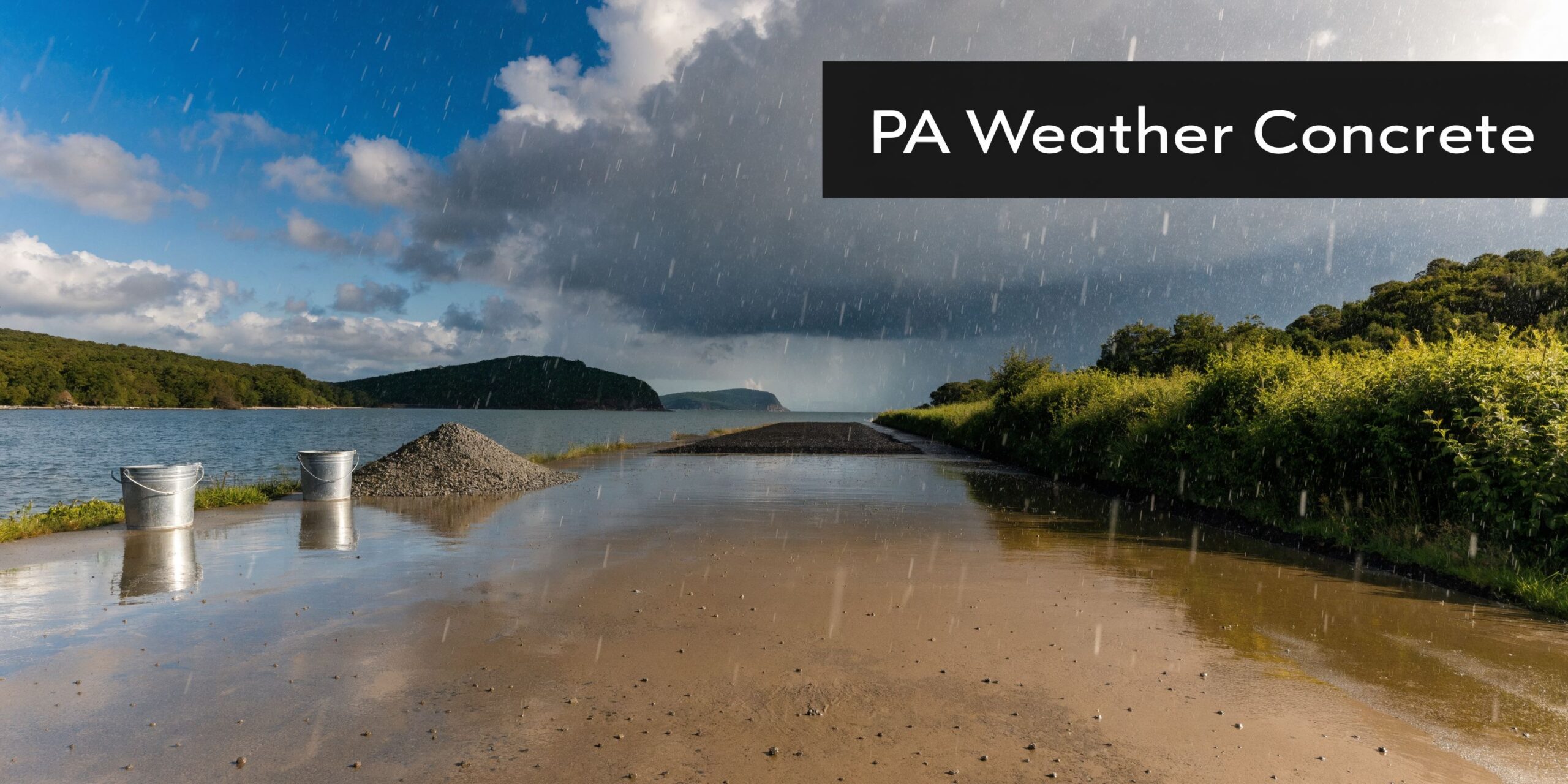 How Long Does a Concrete Slab Take to Cure? 5 Rain falls on a wet concrete surface near a scenic lake with mountains in the background
