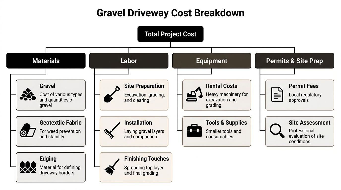 How Much Does a Gravel Driveway Cost? 3 A diagram illustrating the total project cost breakdown for constructing a new gravel driveway.